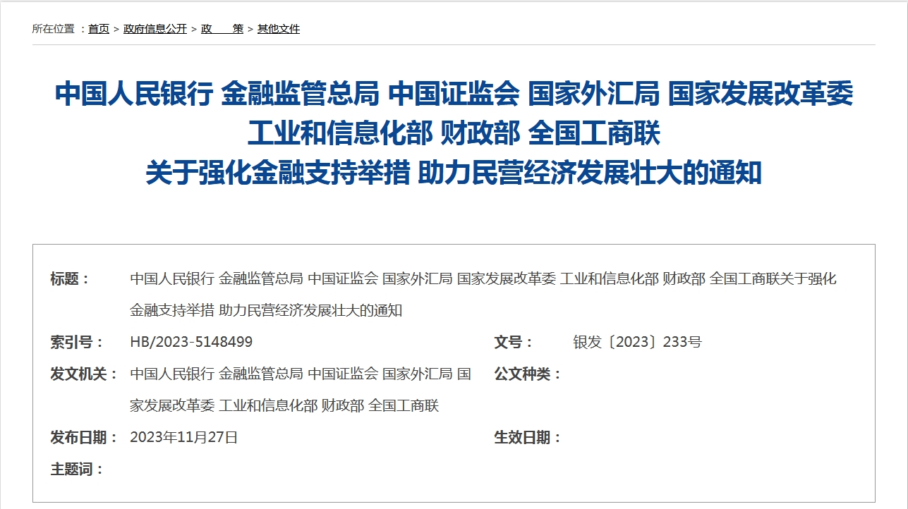 中国人民银行等八部门联合印发《关于强化金融支持举措 助力民营经济发展壮大的通知》-